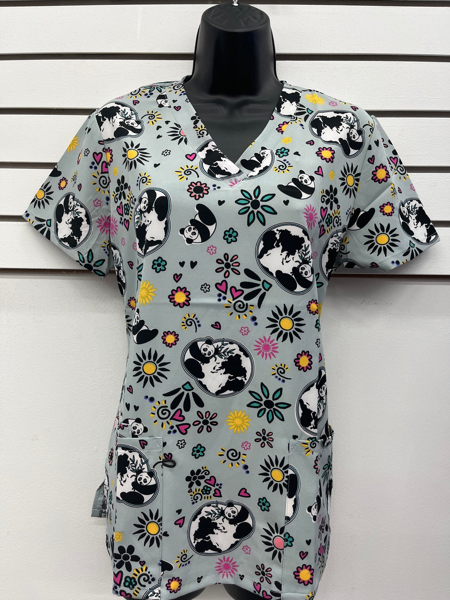 1376GR Panda world Zinnia Printed Women's Scrub Top
