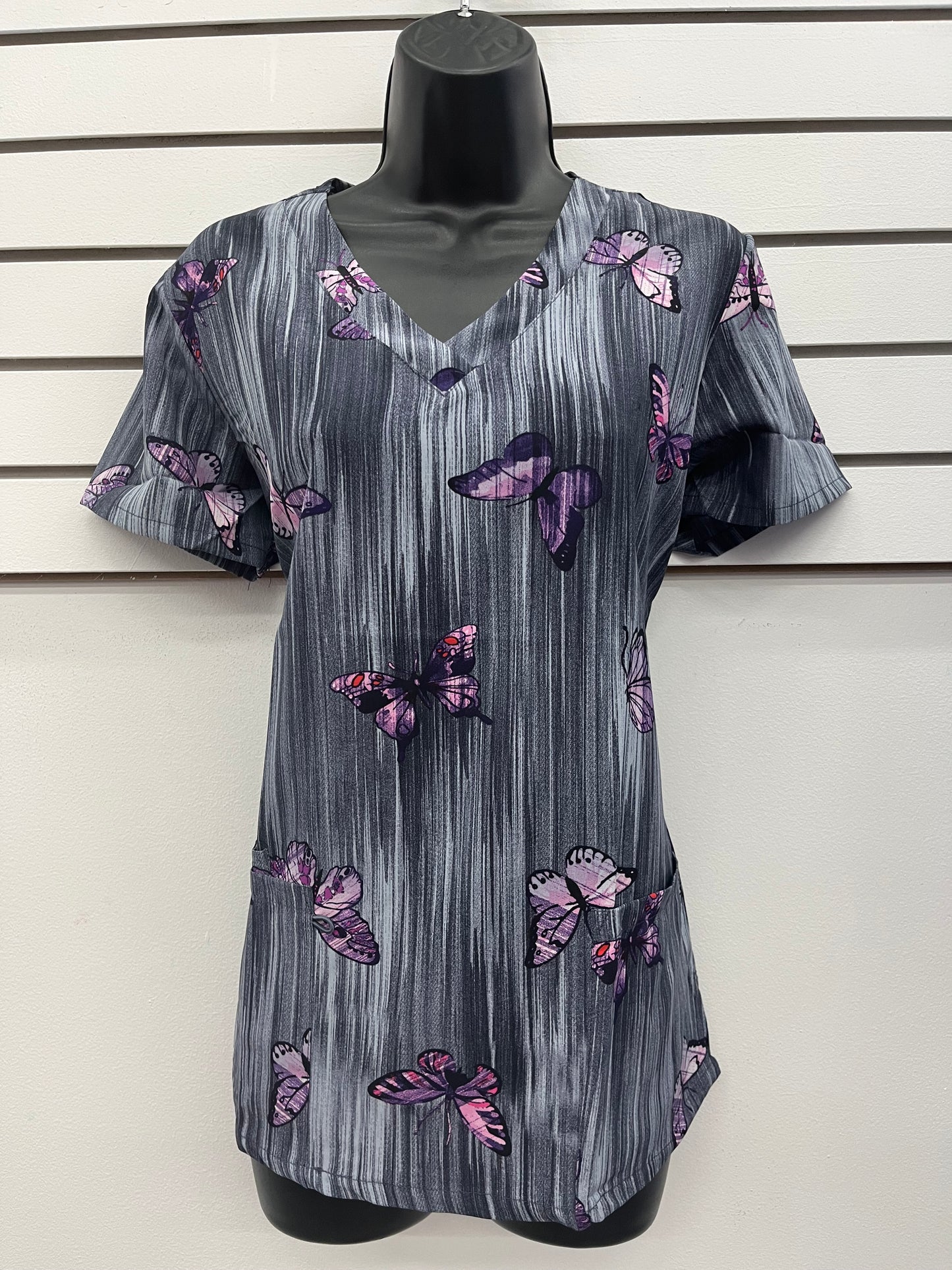 1361GR Purple Subtle Butterfly Printed Zinnia Women Scrub top