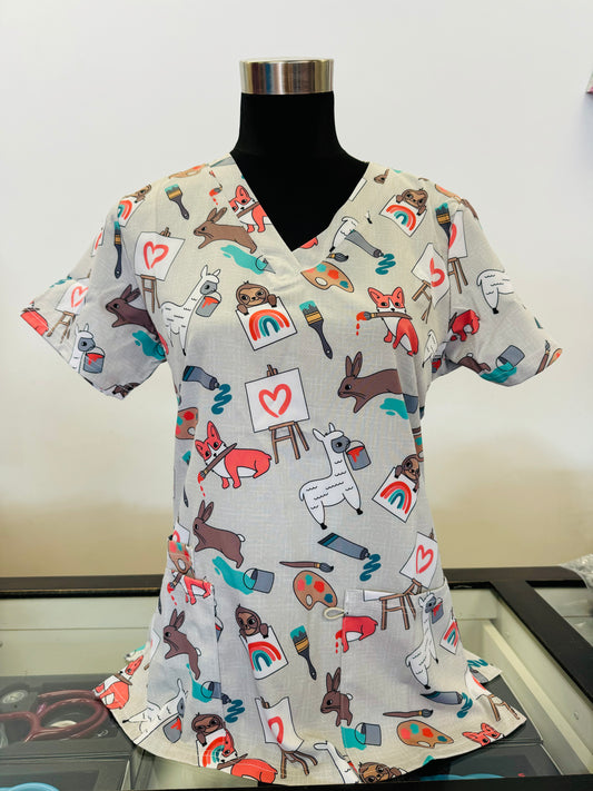 Wild Artistic Animals Painting on Canvas Printed Women's Scrub Top