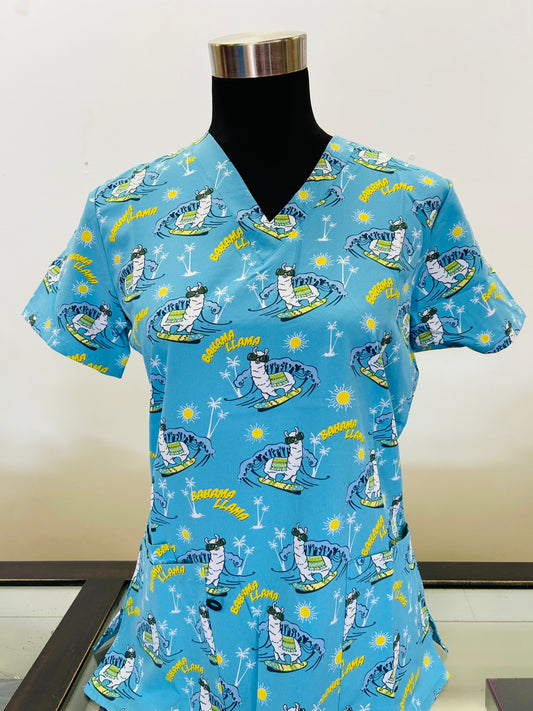 Cool Bahama LLAMA  Zinnia's Women's Printed Scrub Top
