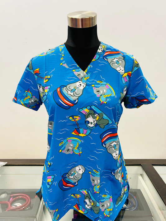 Poolside Paradise Sloth and Bear Summer Zinnia Women's Printed Scrub Top