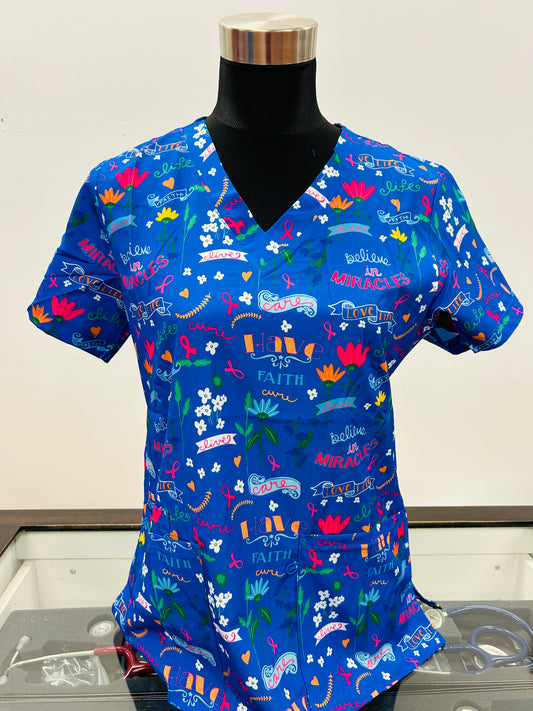 *LAST FEW*  Cancer Survivor's Garden: Faith, Miracles, and Floral Love Zinnia Women's Printed Scrub Top