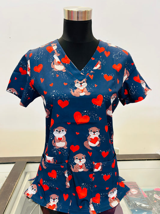 Navy Cute Otters and Hearts Printed Women's Scrub Top
