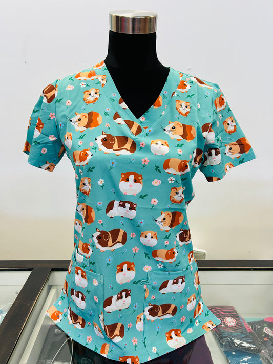 Teal Guinea Pig & Mouse Printed Women's Scrub Top