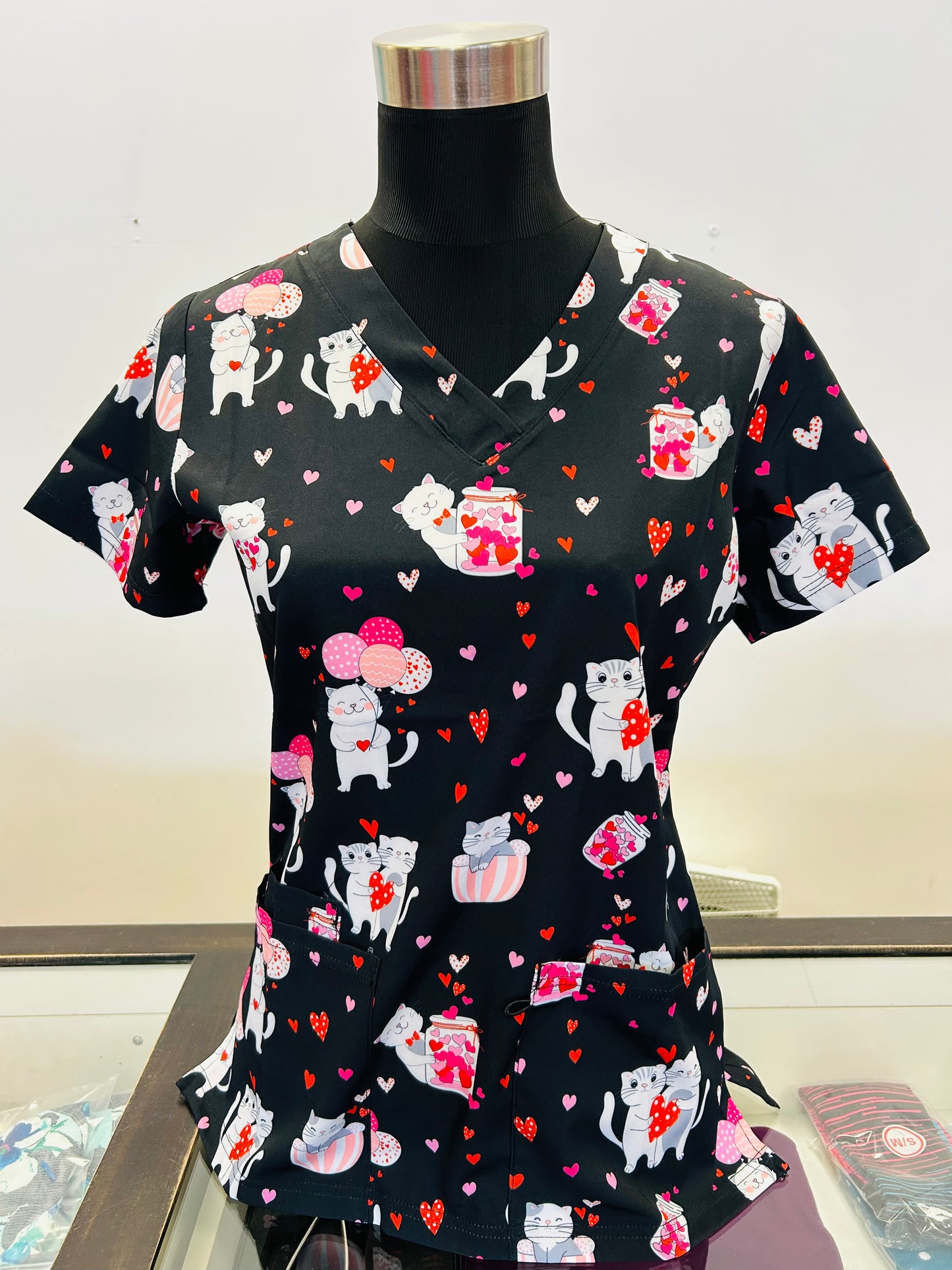 Kitties and Hearts Printed Women's Scrub Top