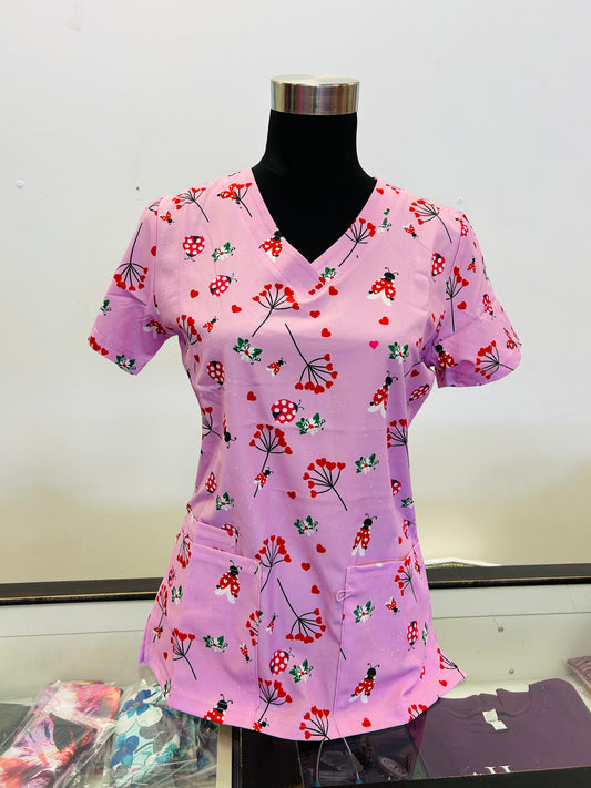 Pink Hearts and Ladybug Printed Women's Scrub Top