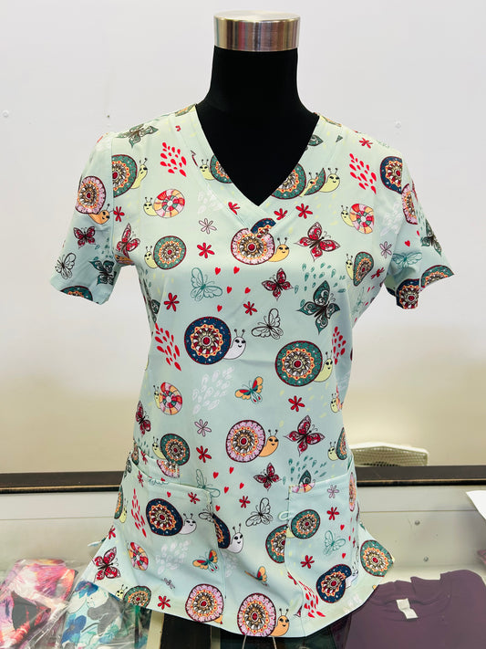 Sage Green Colourful Snails & Butterflies Printed Women's Scrub Top
