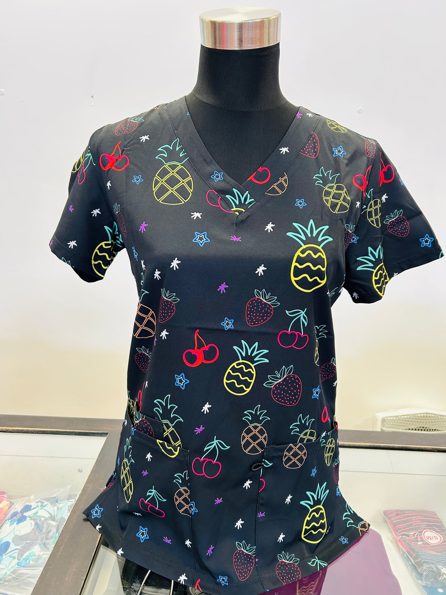 1861BK Funky Neon Pineapple & Strawberry Zinnia Printed Women's Scrub Top