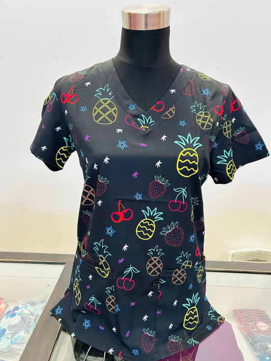 Funky Neon Pineapple & Strawberry Zinnia Printed Women's Scrub Top