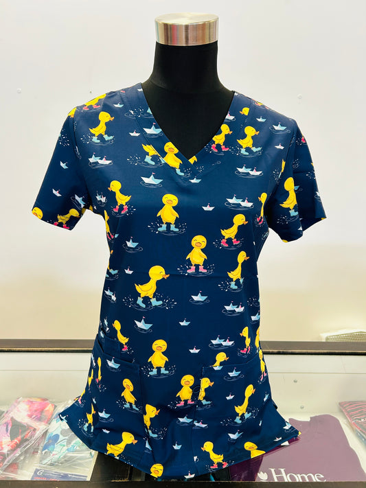 Yellow Duck enjoying rain Navy Zinnia Printed Women's Scrub Top