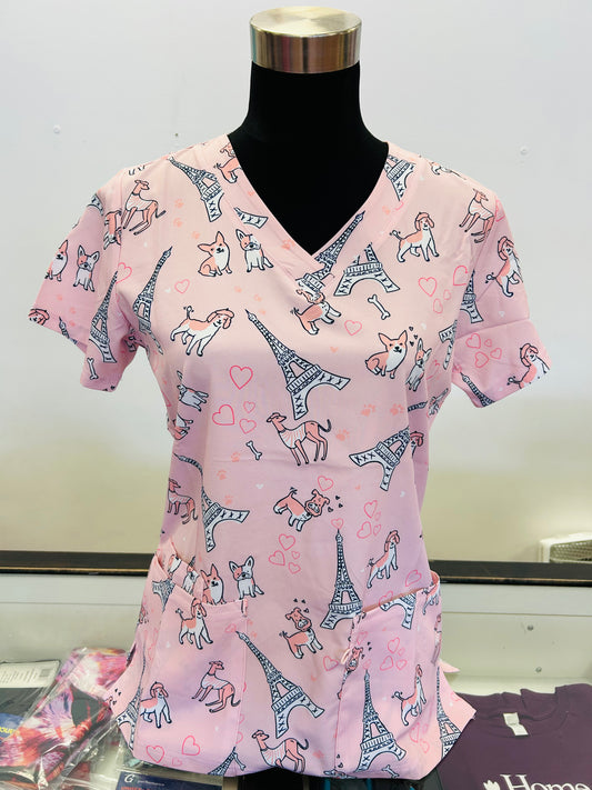 Pink Hearts Paris with cute dogs Zinnia Printed Women's Scrub Top