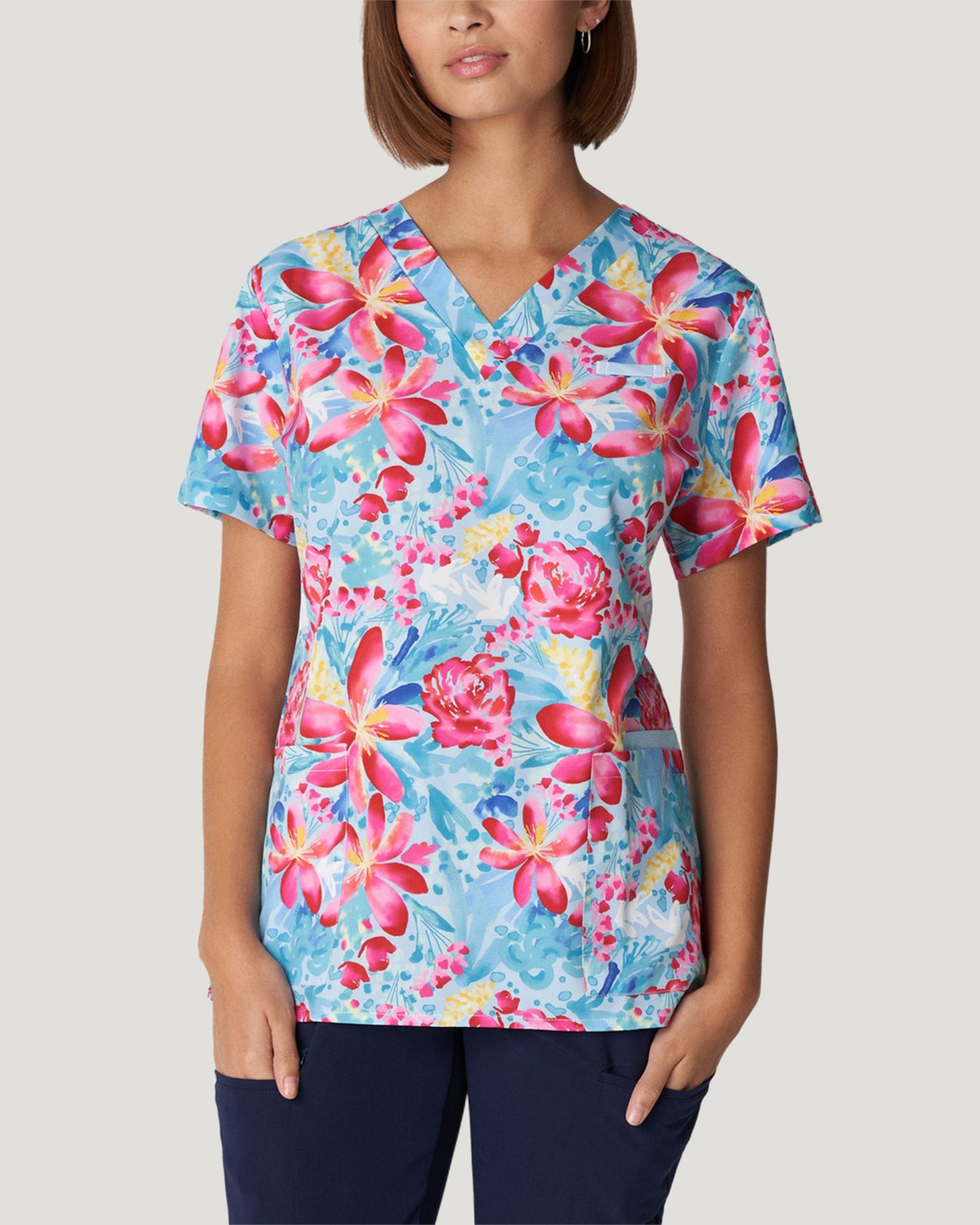 618INFB -White Cross Full Bloom Printed V-Neck Top