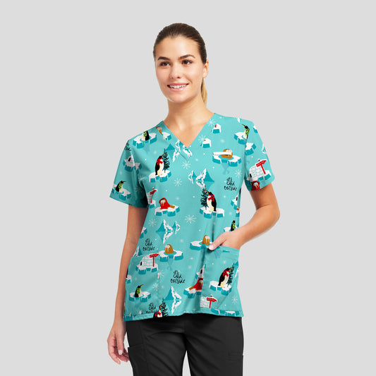 POPL POLAR PLUNGE WHITE CROSS PRINTED V-NECK SCRUB TOP