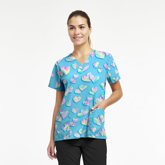 TIE DYE LOVE WHITECROSS PRINTED V-NECK SCRUB TOP