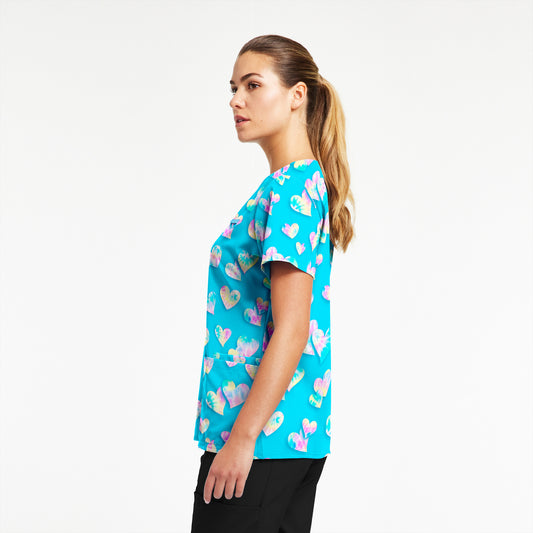 TIE DYE LOVE WHITECROSS PRINTED V-NECK SCRUB TOP