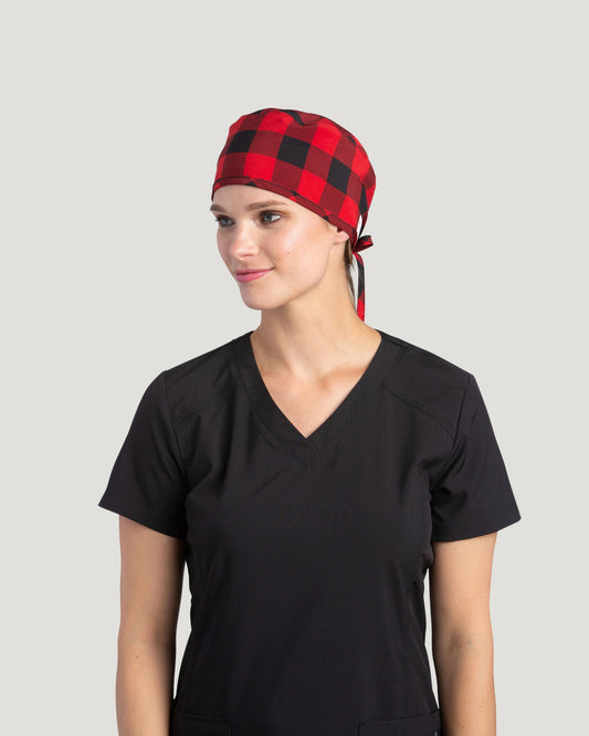 RED BUFFALO PLAID WHITE CROSS Scrub Cap