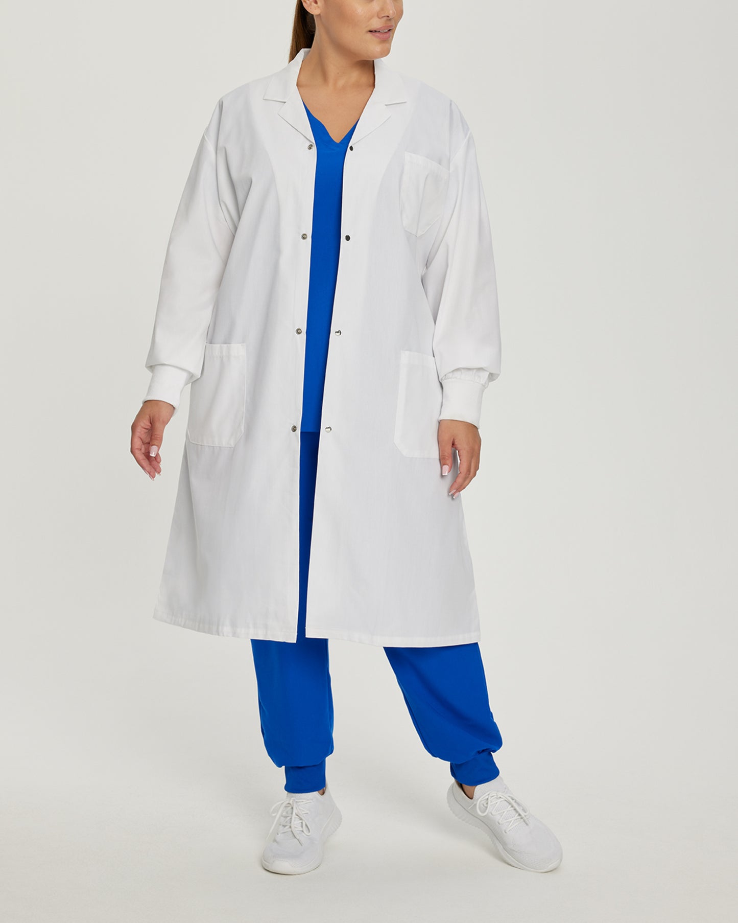 2068SRB Unisex White Cross Lab Coat With Ribbed Wrist Cuffs and Snap Buttons