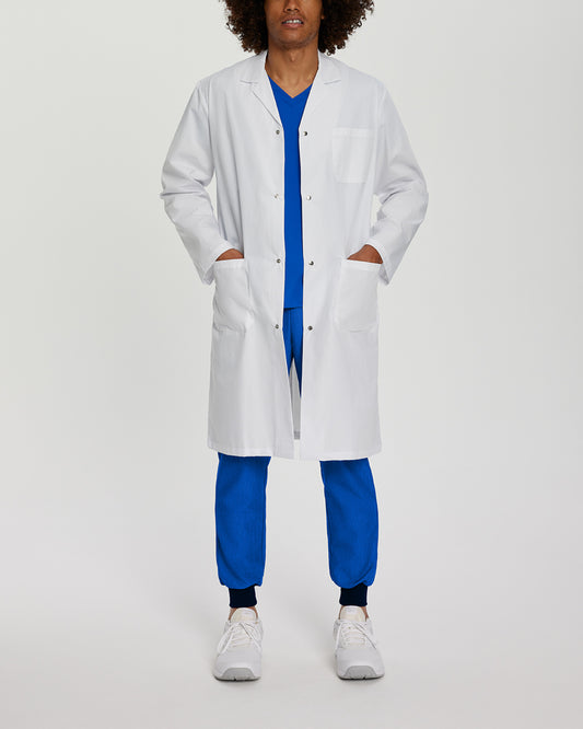 Unisex White Cross Lab Coat With Ribbed Wrist Cuffs and Snap Buttons