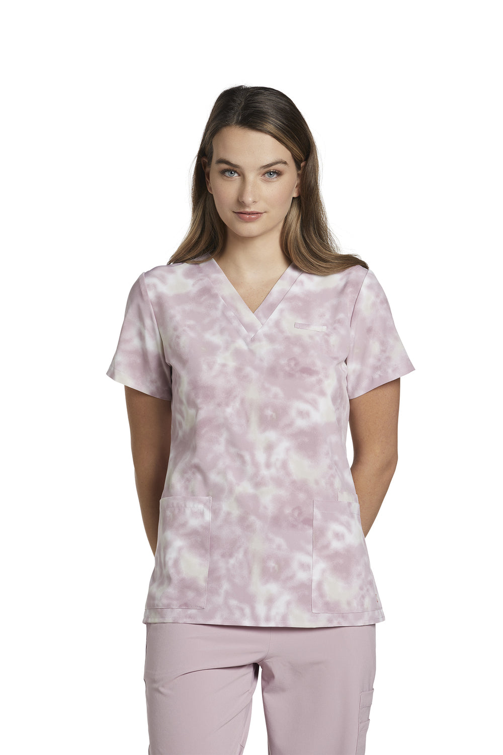 618TDS-Tie Dye Shadow White Cross Printed Scrub Top