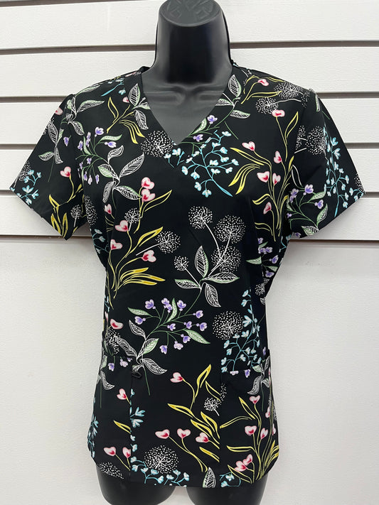 1381 Black Soft Pastel Fleurs Zinnia Printed Scrub Top