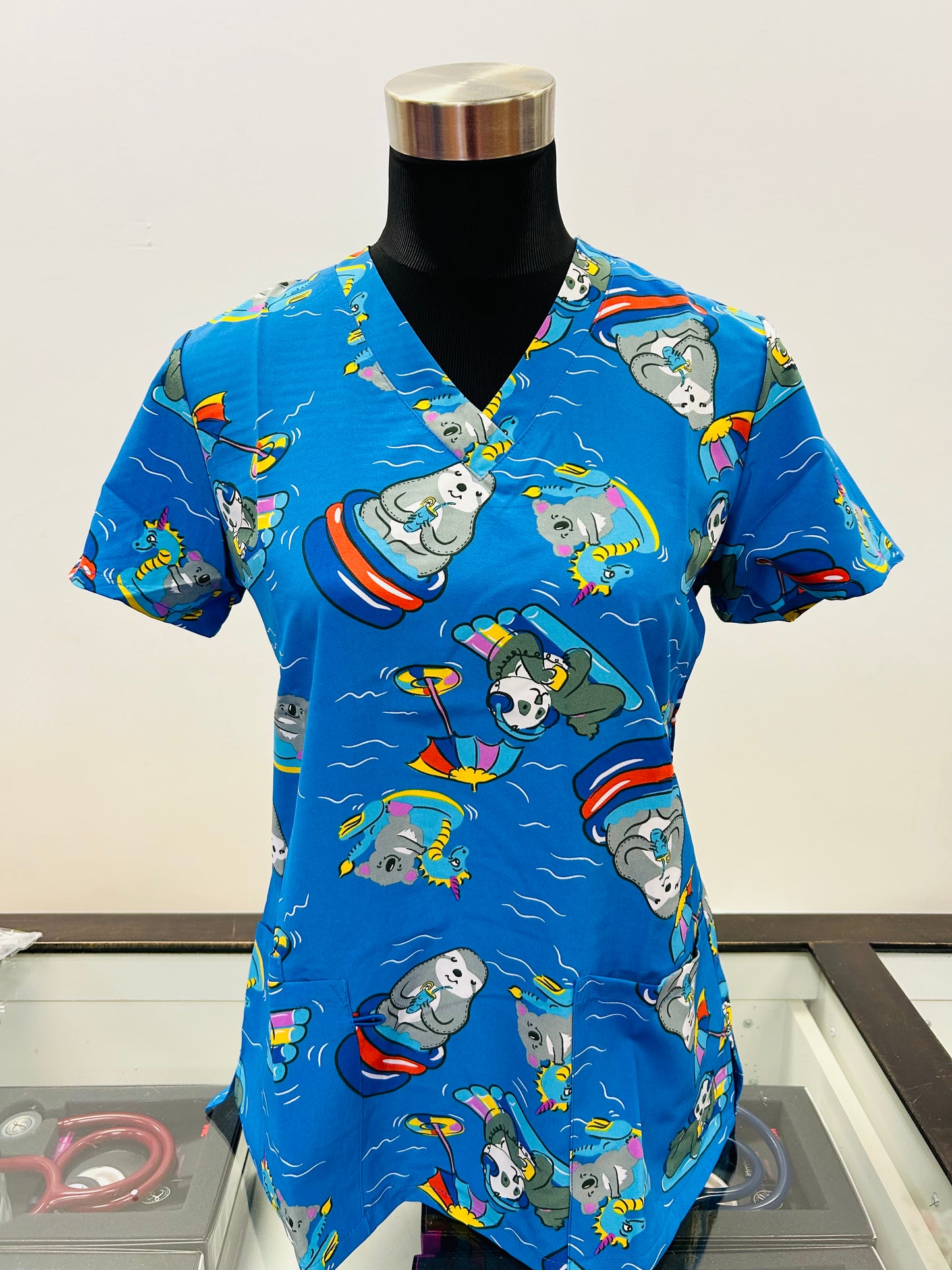 1493BL Poolside Paradise Sloth and Bear Summer Zinnia Women's Printed Scrub Top