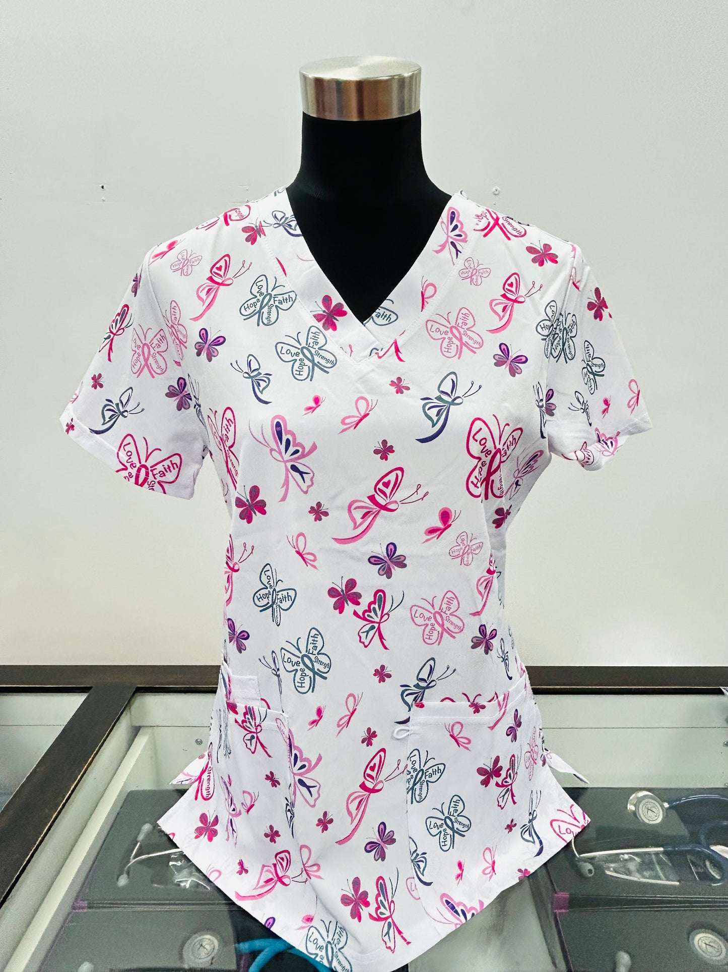 *LAST SMALL* 1821WH Cute Butterfly Pink Cancer Survivor Zinnia Women's Printed Scrub Top