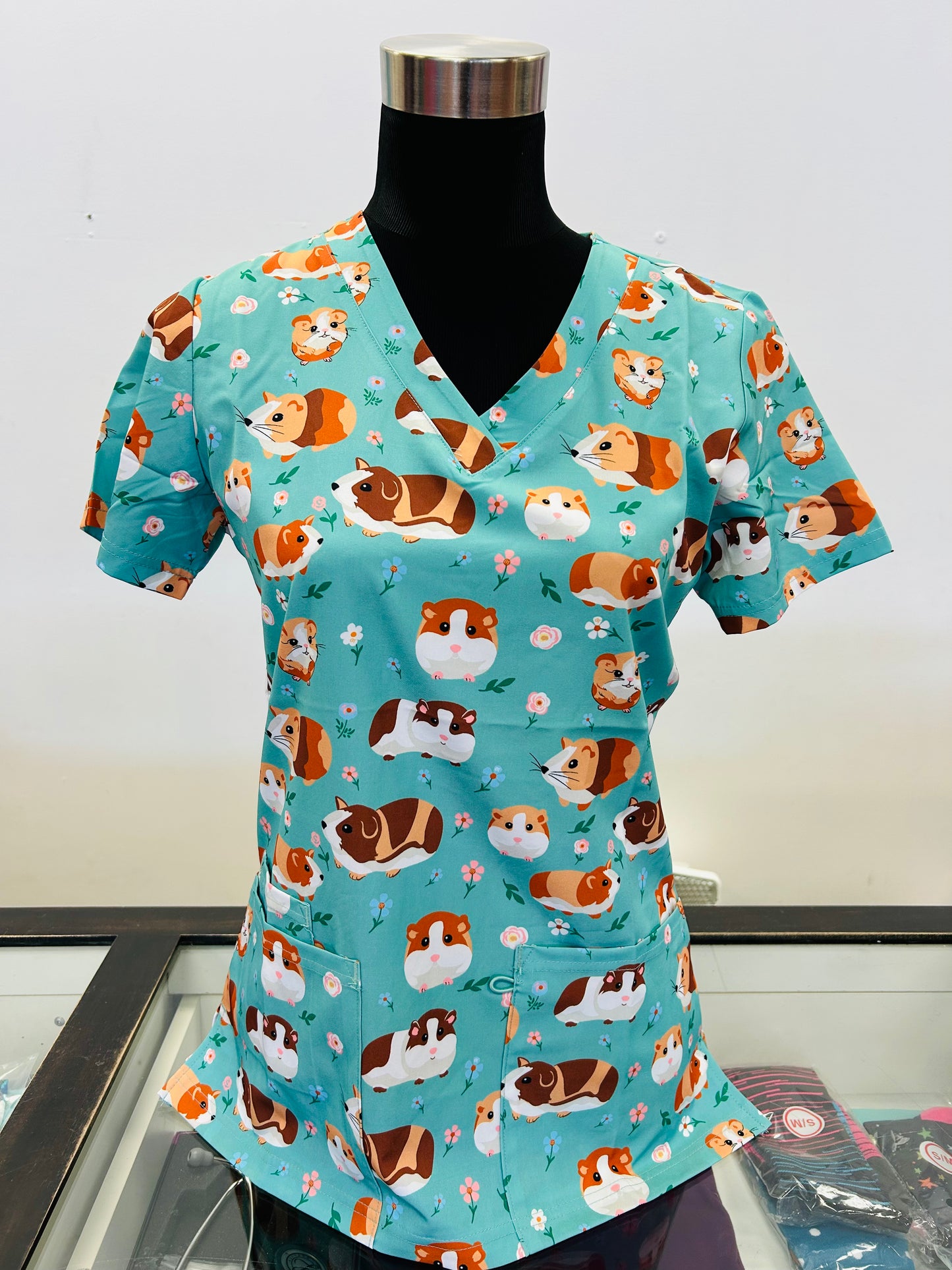 1866 Teal Guinea Pig & Mouse Printed Women's Scrub Top