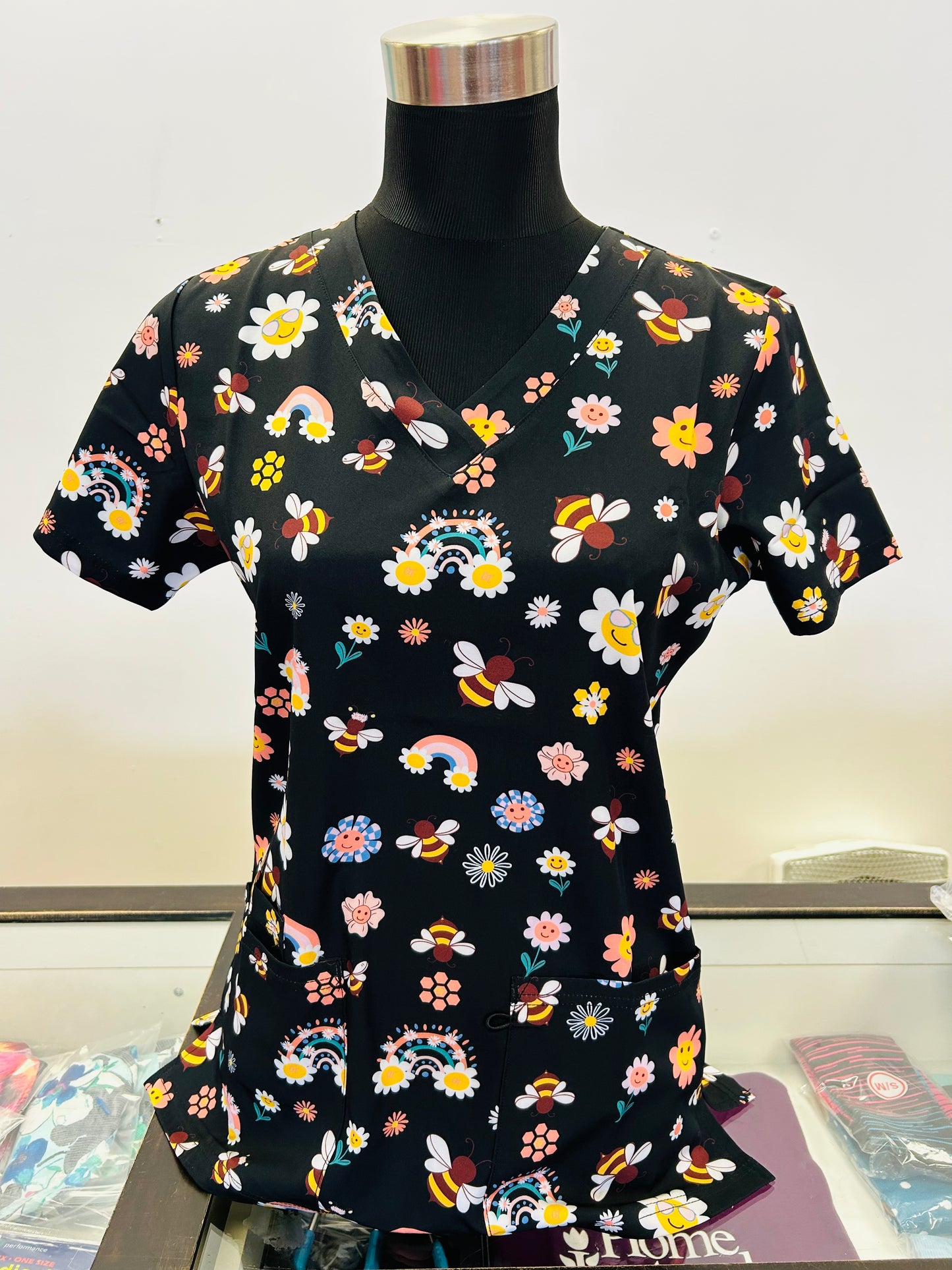 1863BK Zinnia Morning Sunshine Rainbow with Honeybee Floral Printed Women's Scrub Top