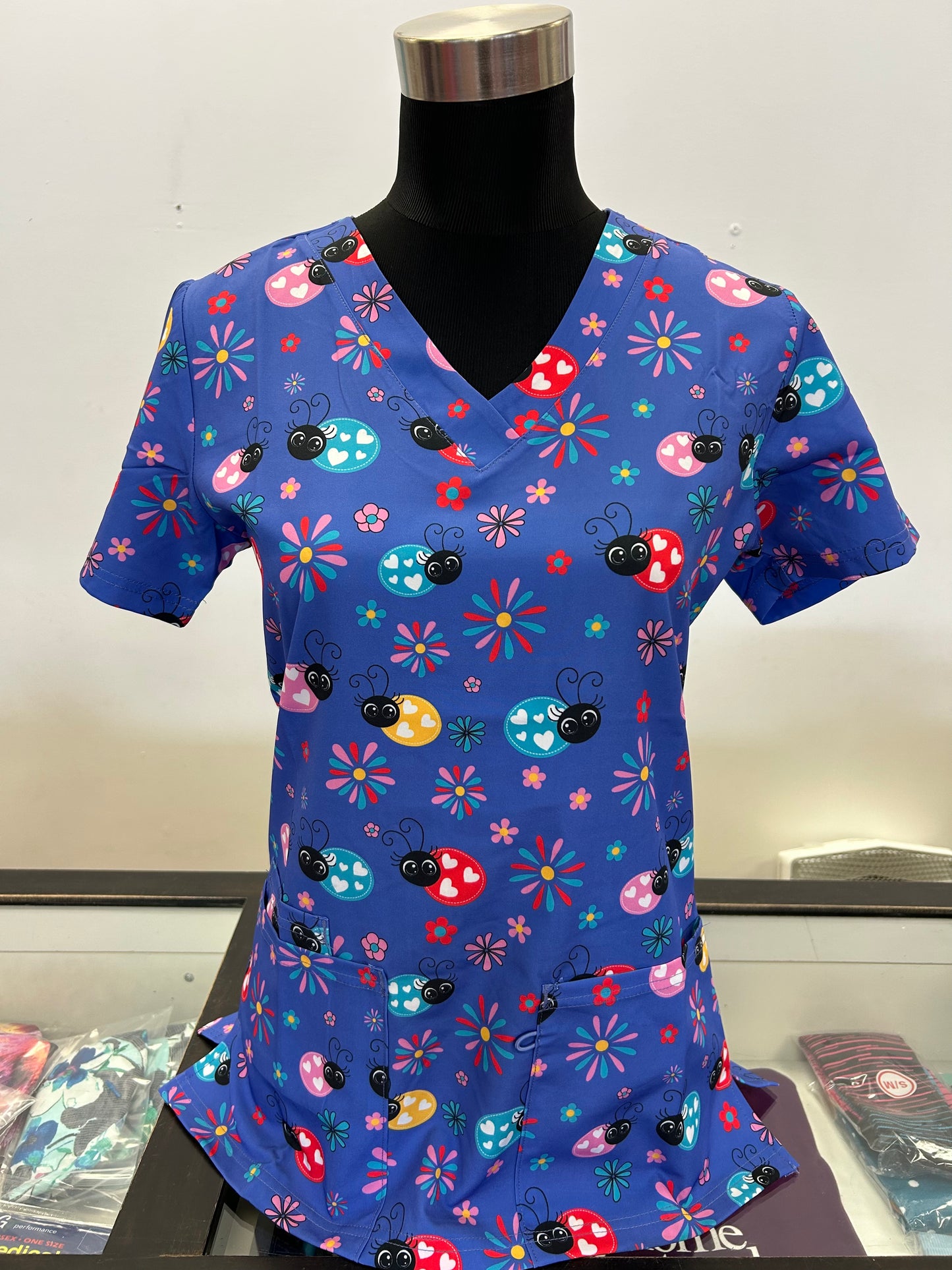 1879 Hearty Beetles with Flowers Zinnia Printed Women's Scrub Top