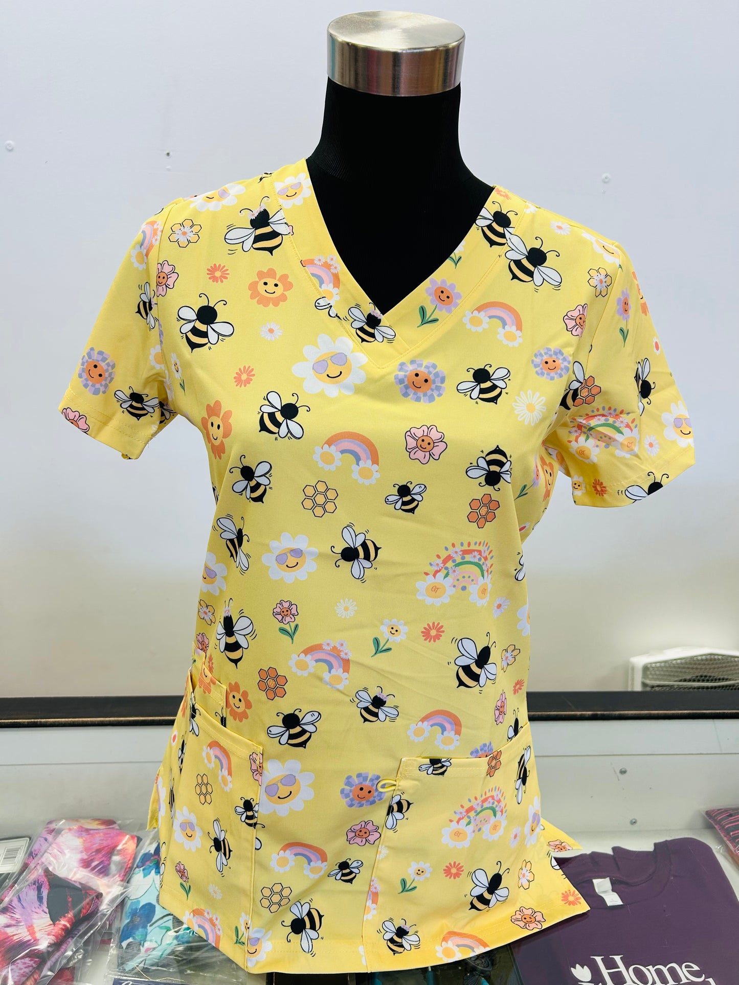 1863YL Smiling Sun and Honeybee with floral Yellow Zinnia Printed Women's Scrub Top