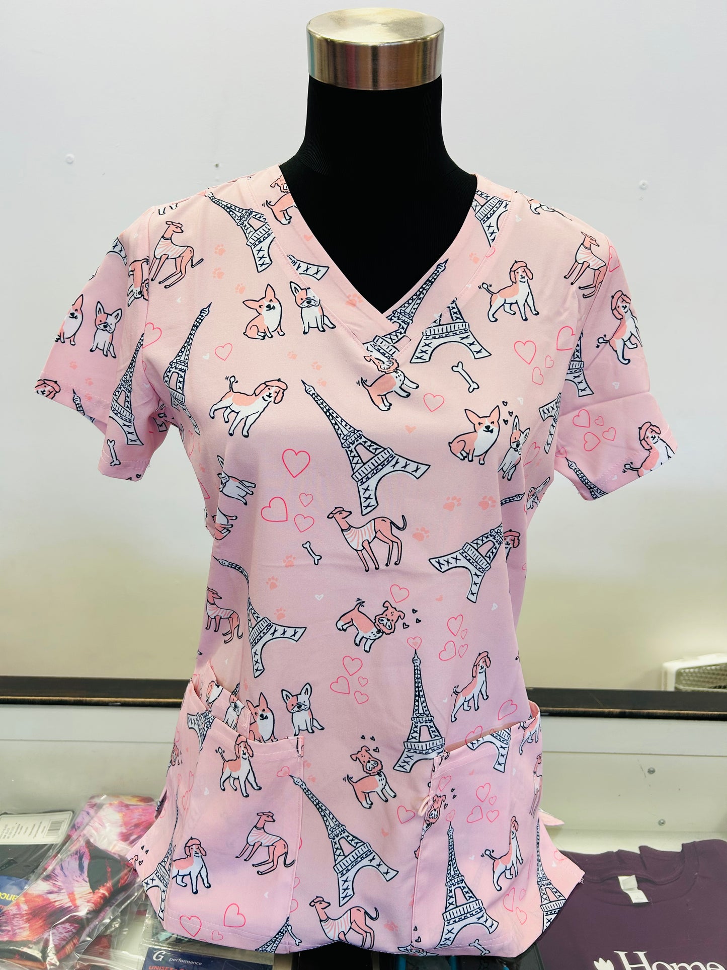 1806DPK Pink Hearts Paris with cute dogs Zinnia Printed Women's Scrub Top