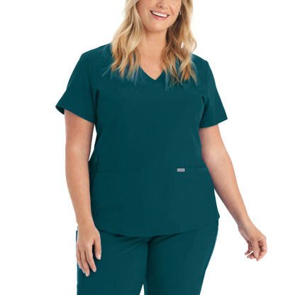 LT100 White Cross Landau Forward Women's Rib Knit V-neck Top | Scrubs4U