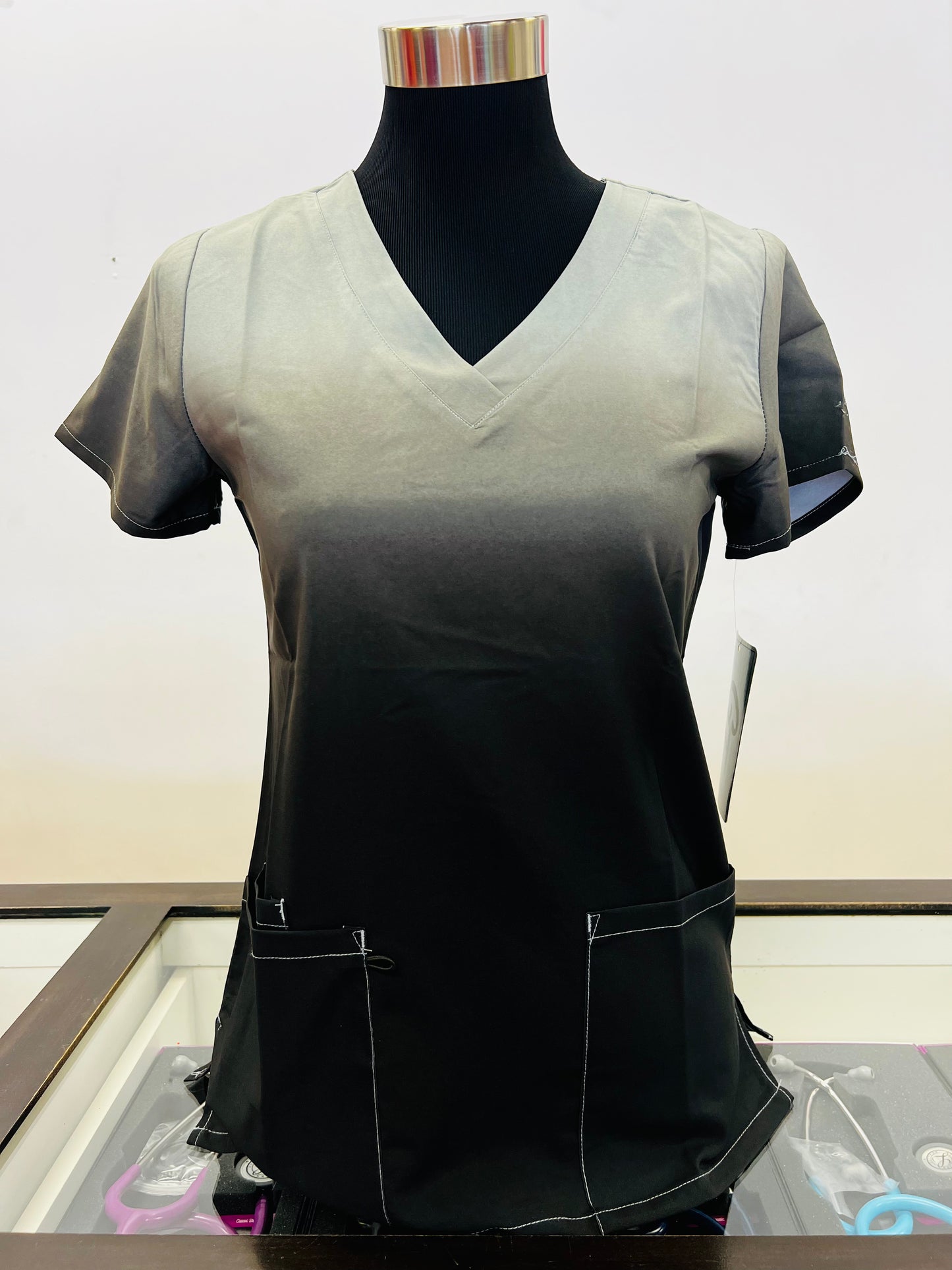 Grey - Black Women's Ombre Zinnia Printed Scrub Top