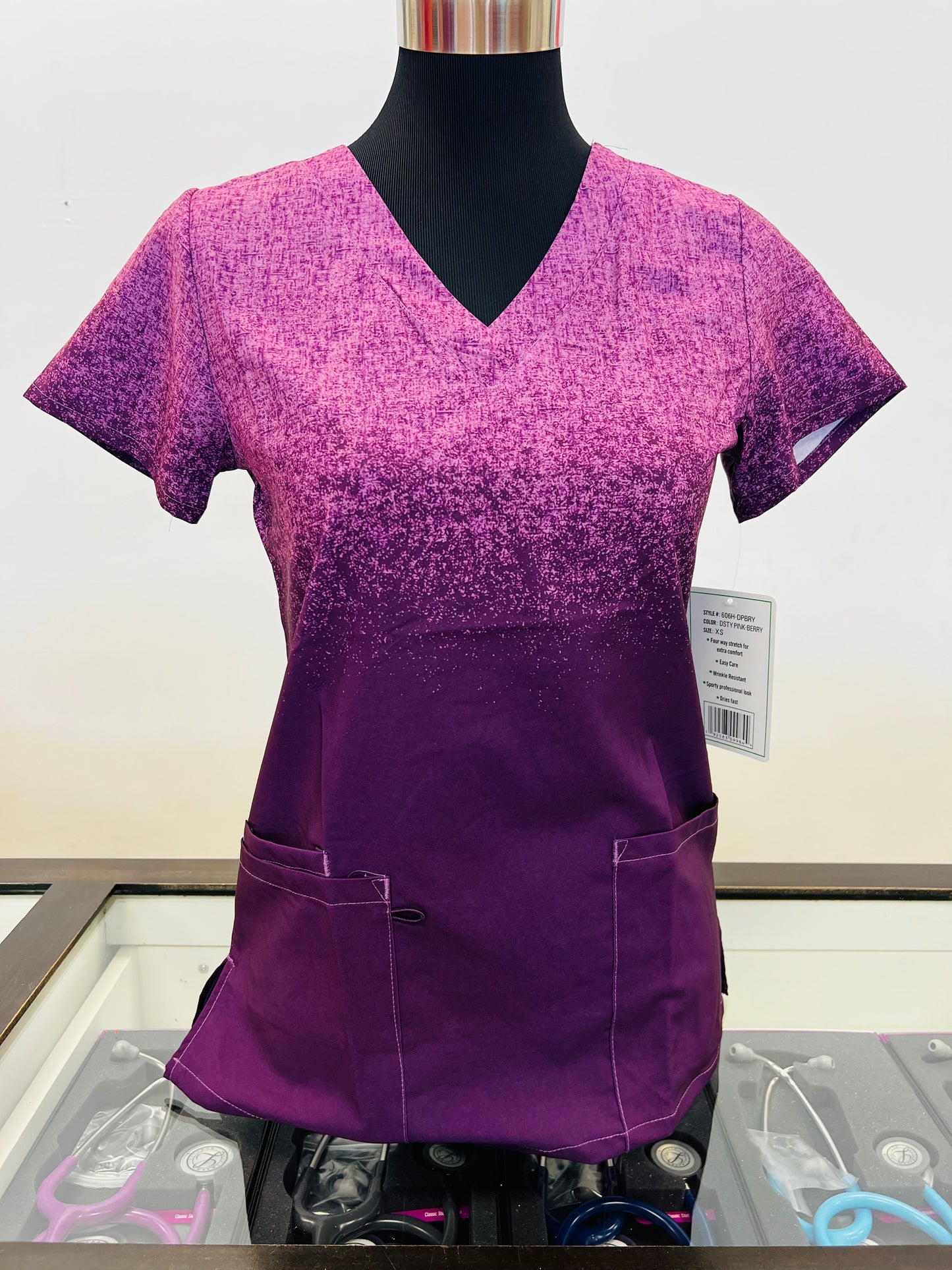 *S and M ONLY* Pink Berry Women's Ombre Zinnia Printed Scrub  Top