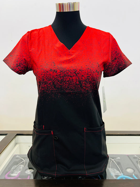Red - Black Women's Ombre Zinnia Printed Scrub  Top