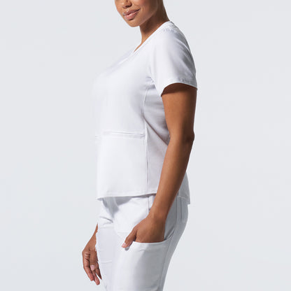 LT100 White Cross Landau Forward Women's Rib Knit V-neck Top | Scrubs4U