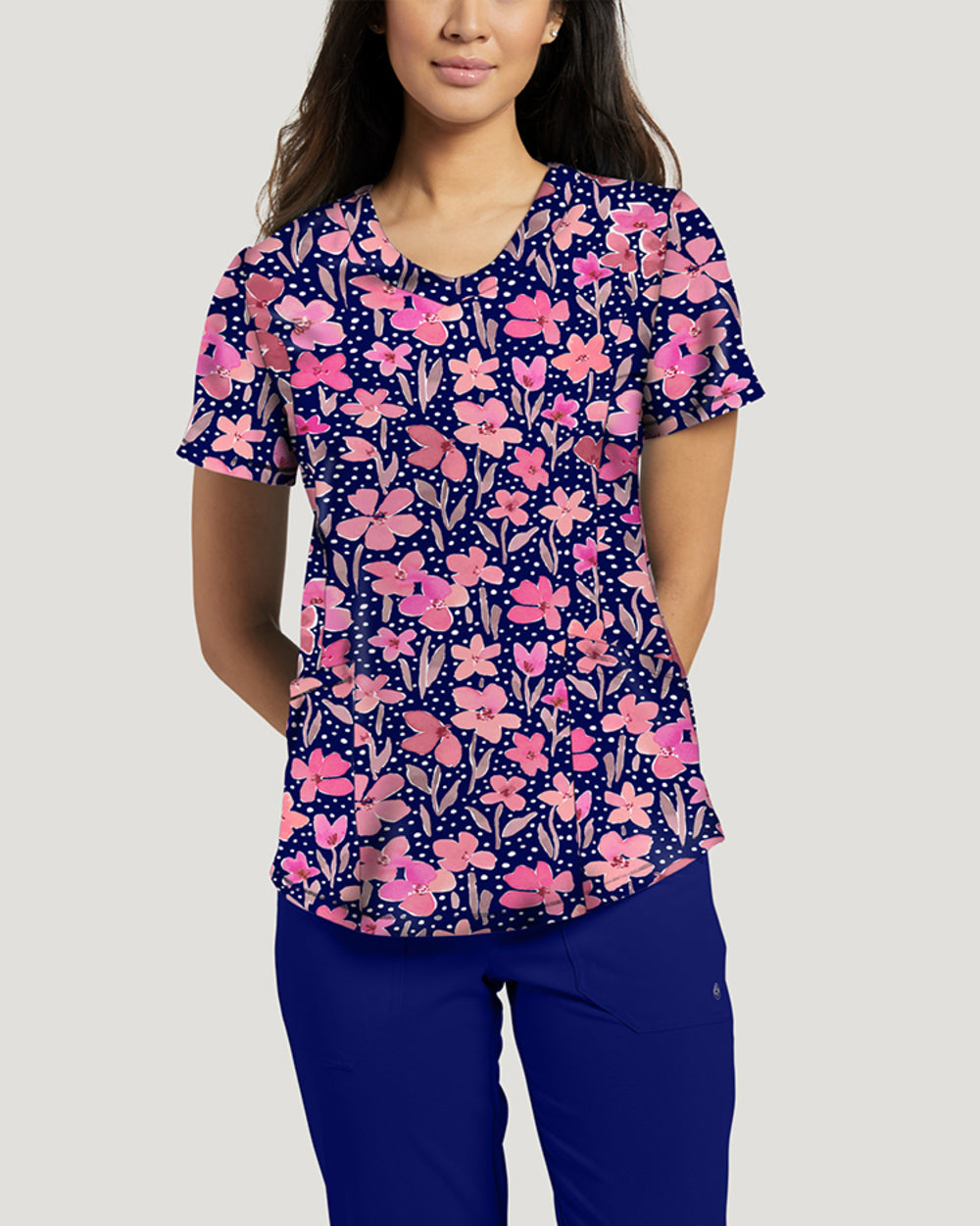 782 SPMS Spring In My Step V-Neck Top White Cross Printed Scrub Top