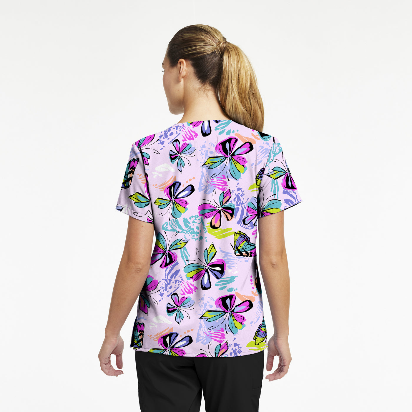 618BUDE - BUTTERFLY DELIGHT WHITECROSS PRINTED V-NECK SCRUB TOP
