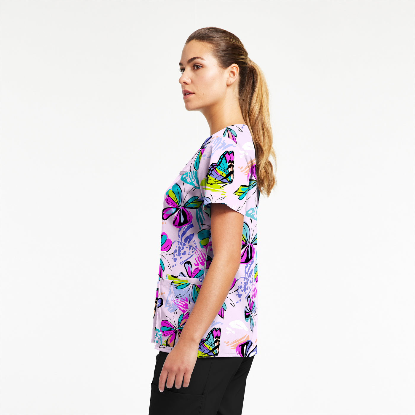 618BUDE - BUTTERFLY DELIGHT WHITECROSS PRINTED V-NECK SCRUB TOP