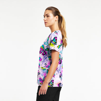 618BUDE - BUTTERFLY DELIGHT WHITECROSS PRINTED V-NECK SCRUB TOP