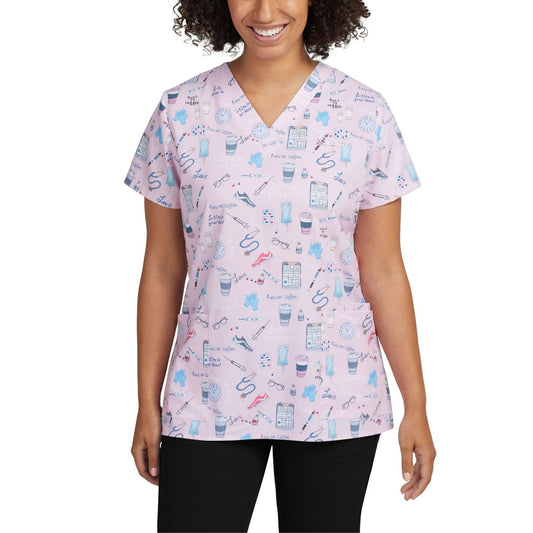 618OTGO - ON THE GO PRINTED V-NECK SCRUB TOP