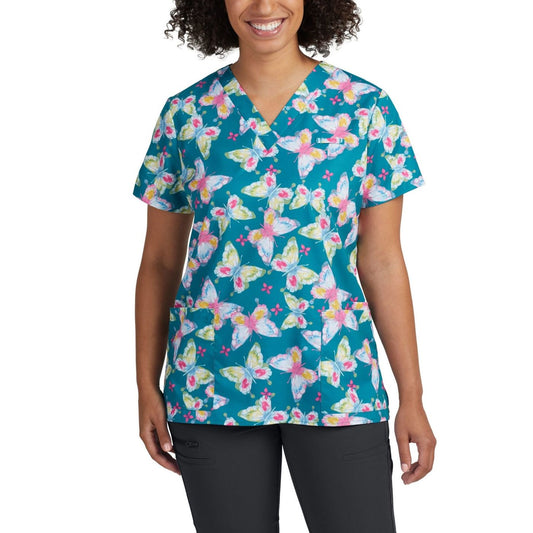 *2XL ONLY* 618PABU - PAINTED BUTTERFLIES  PRINTED V-NECK SCRUB TOP