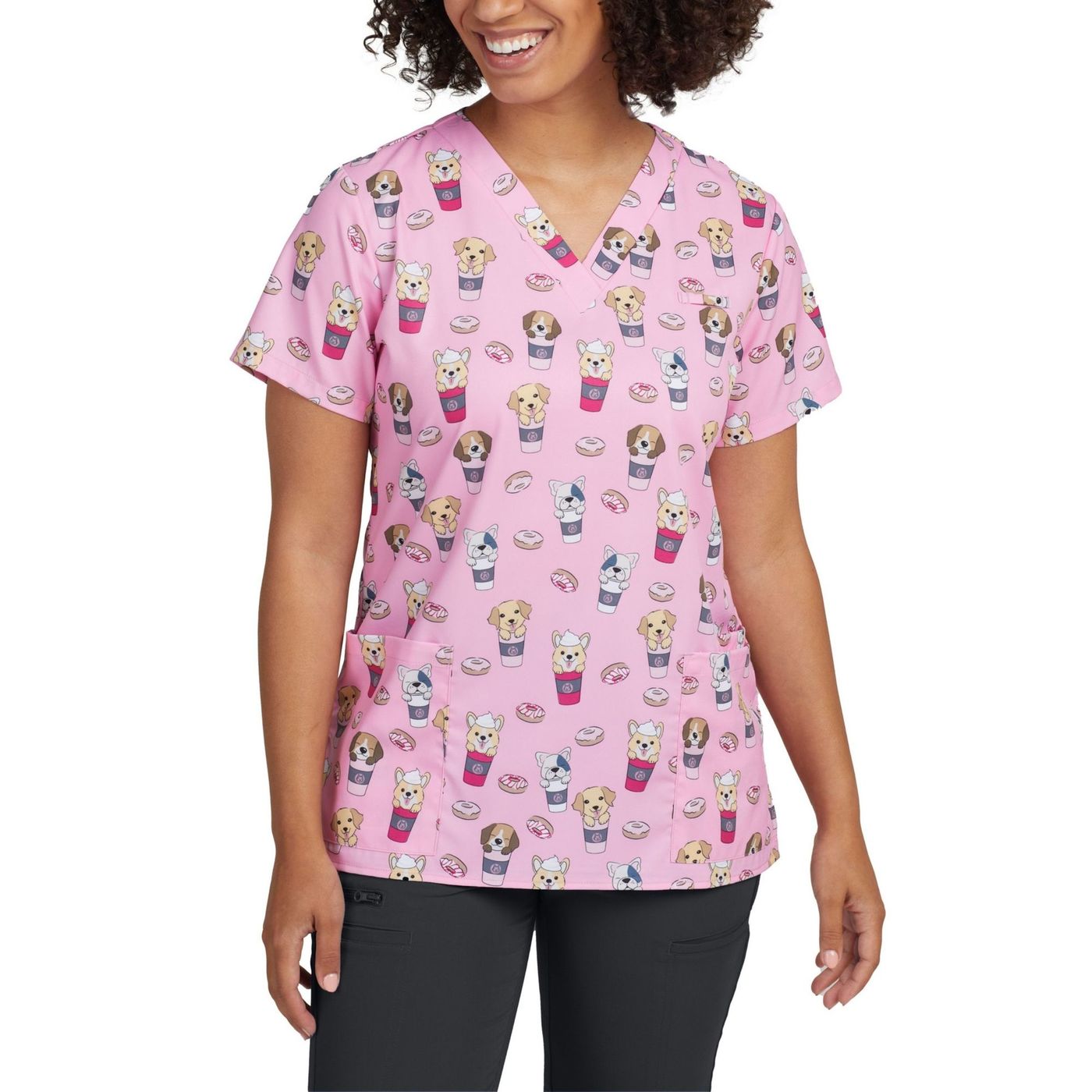 *2XL ONLY* 618PBWC -PUPACCINO BRUNCH WC PRINTED  V-NECK SCRUB TOP