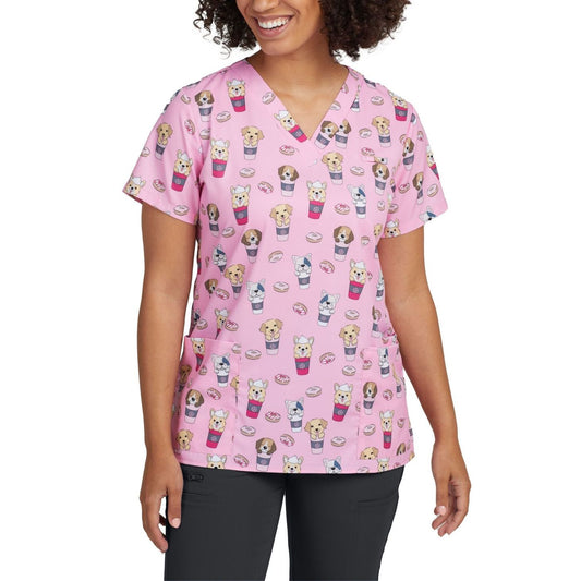 618PBWC -PUPACCINO BRUNCH WC PRINTED  V-NECK SCRUB TOP