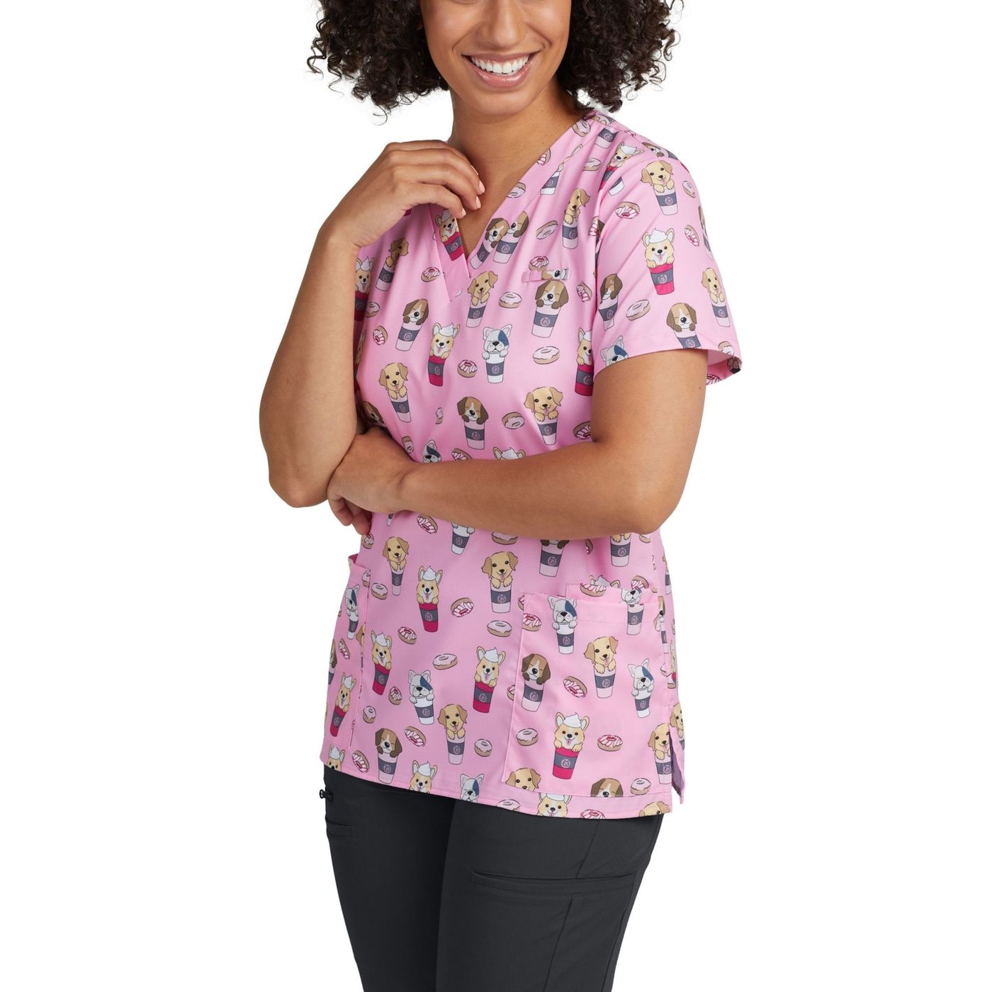 *2XL ONLY* 618PBWC -PUPACCINO BRUNCH WC PRINTED  V-NECK SCRUB TOP