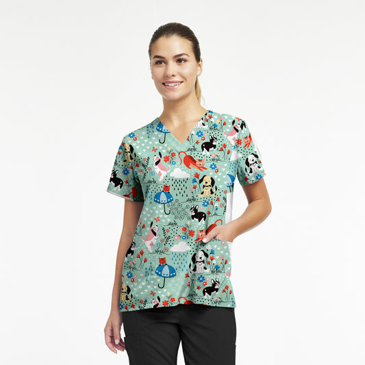 618RCAD - RAINING CATS AND DOGS WHITECROSS PRINTED V-NECK SCRUB TOP