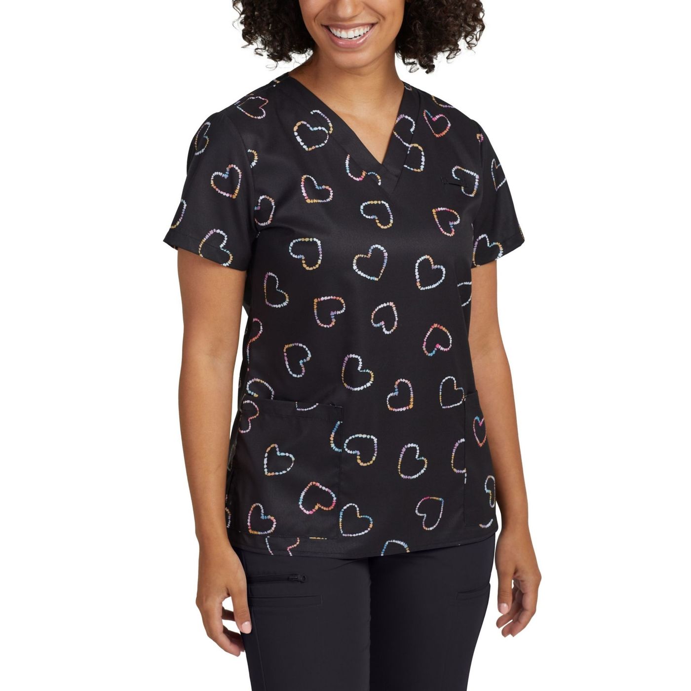 *XS ONLY* 618TDHE -TIE DYE HEART WHITE CROSS PRINTED V-NECK SCRUB TOP