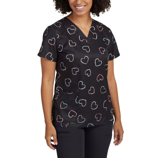 *XS ONLY* 618TDHE -TIE DYE HEART WHITE CROSS PRINTED V-NECK SCRUB TOP