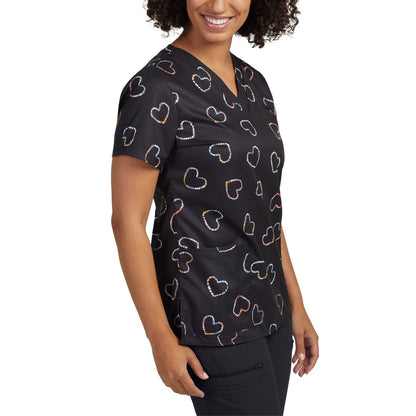 *XS ONLY* 618TDHE -TIE DYE HEART WHITE CROSS PRINTED V-NECK SCRUB TOP