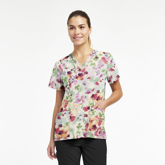 *2XL ONLY* 618WADR -WATERCOLOR DREAMS WHITECROSS PRINTED V-NECK SCRUB TOP